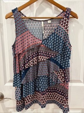 Sleeveless Patchwork Print Blouse - Navy & Red Tiered Ruffle